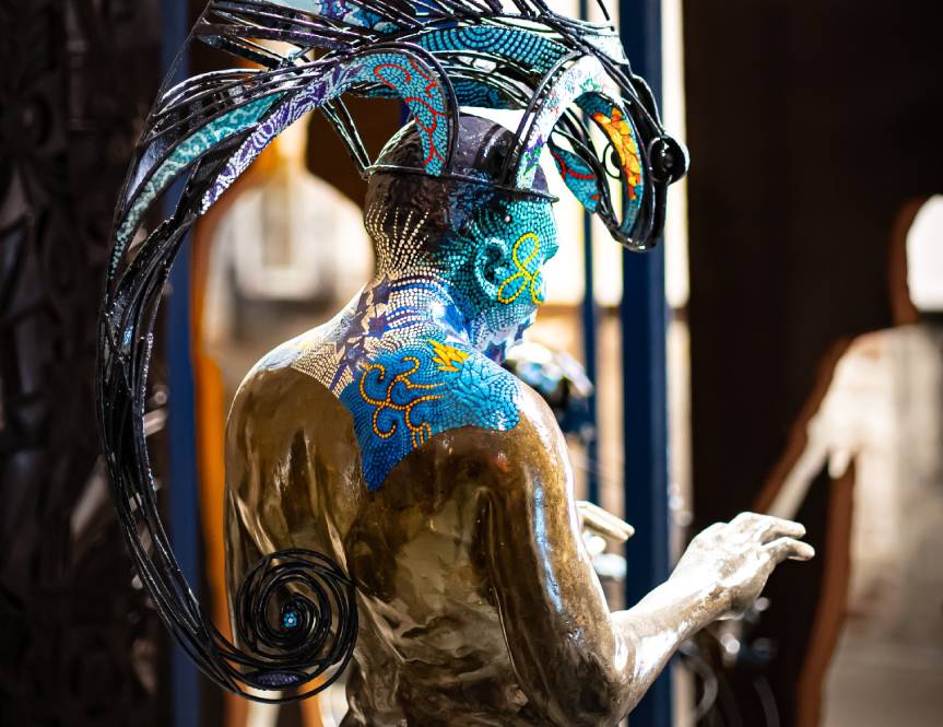 A gold and blue dragon headdress